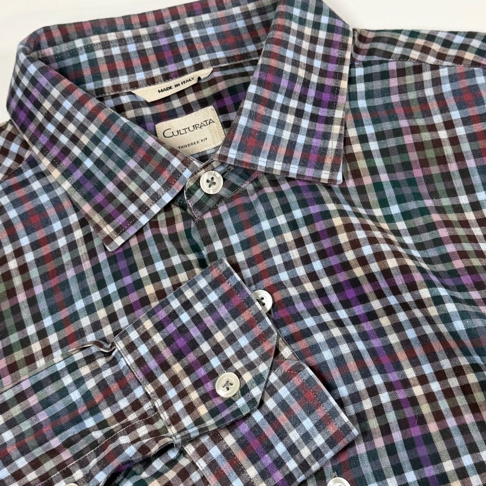 Culturata Mens L Plaid Shirt 16.5 42 Made in Italy Tailored Fit Preppy Office